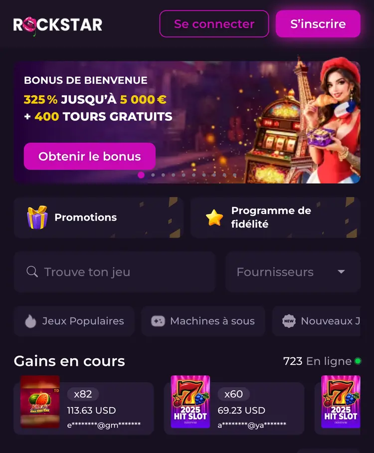 La version de Rockstar Casino sur téléphone, avec la bannière de bienvenue en haut et les catégories de jeux qui défilent en dessous